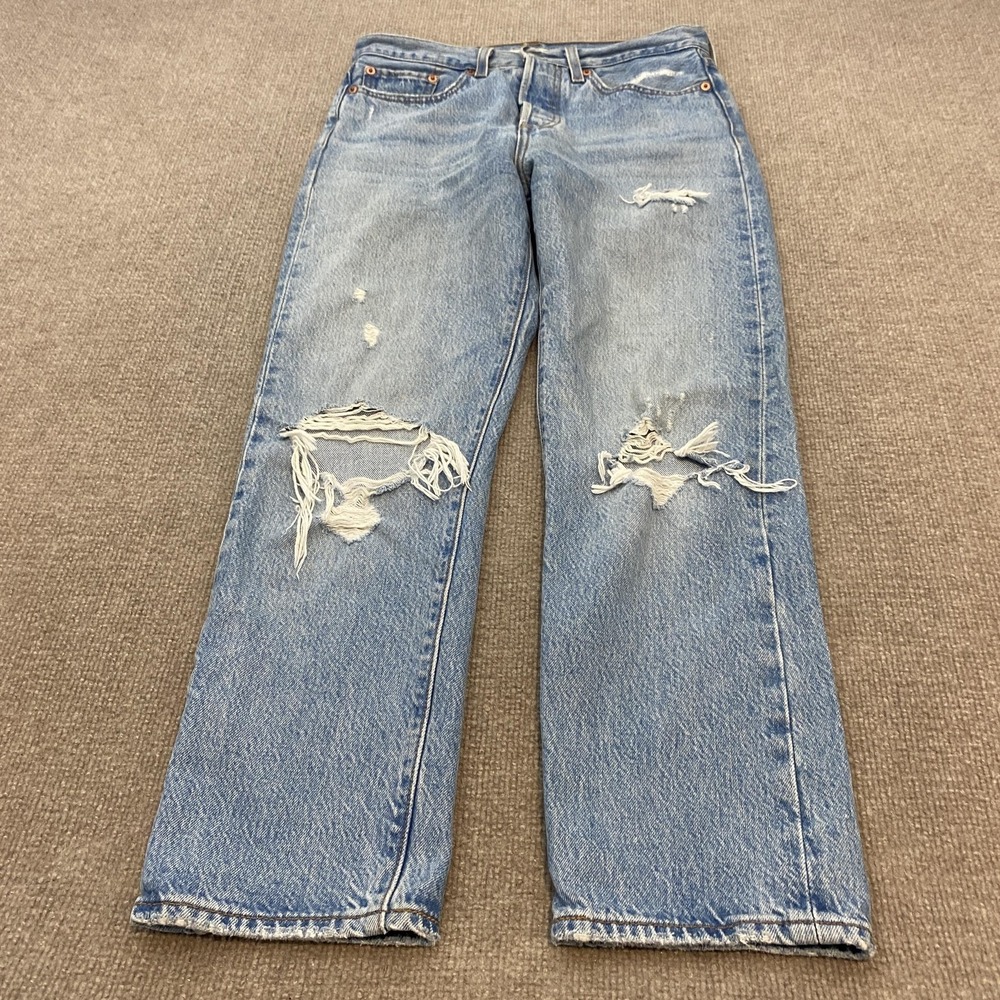 Levis Wedgie Straight Jeans Womens 27 Blue Light Wash High Rise Distressed Denim